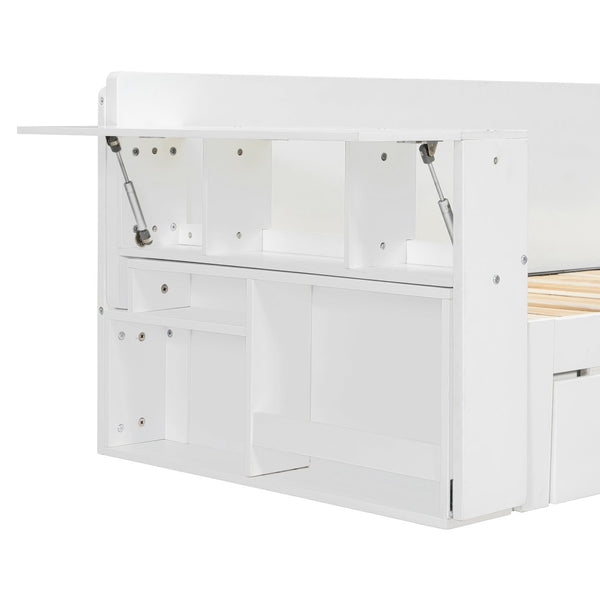 English Elm Queen Daybed with Hydraulic Desk Storage Drawers and Convertible Sofa for Small Spaces White LT000272AAK