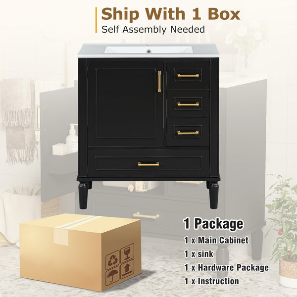 English Elm Traditional 30" Bathroom Vanity with Ceramic Basin, Soft-Close Door & Drawers, Gold Handles, Durable Wood Finish Black N729P184479B
