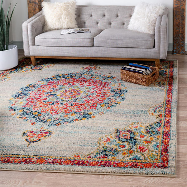 Unique Loom Penrose Alexis Machine Made Medallion Rug Ivory, Black/Blue/Gold/Green/Orange/Red/Pink 8' 0" x 8' 0"