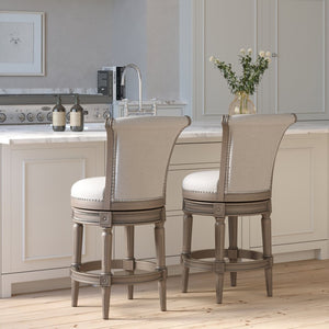 English Elm 26in. Wood High-back Swivel Barstool Farmhouse Style Nailhead Upholstered Kitchen Seat Gray B2751P436432