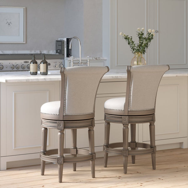 English Elm 26in. Wood High-back Swivel Barstool Farmhouse Style Nailhead Upholstered Kitchen Seat Gray B2751P436432