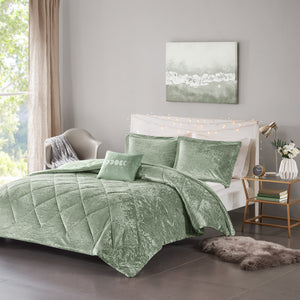 JLA Home Intelligent Design - Velvet Crushed-velvet Comforter Set with Diamond Quilting, Hypoallergenic Fill and Plush Texture Green ID10-2412