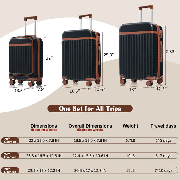 English Elm Luggage 3 Piece Abs Hard Shell Set with Usb Port Front Access and Spinner Wheels Black N726P307555A