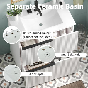English Elm Christopher Knight Home® - 30" Elegant Bathroom Vanity With Fluted Design, Ceramic Sink, Full-Extension Drawers & Soft-Close Slides N817P295760W