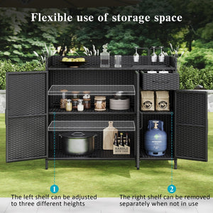 English Elm K&k Outdoor Wicker Bar Cabinet with Tempered Glass Top Adjustable Shelving and Drawer Black Brown N707P233745B