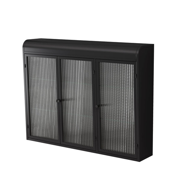 English Elm 3 Door Arched Wall Mounted Glass Cabinet with Wide Top Narrow Bottom Design for Stylish Storage and Display Black W757P221501