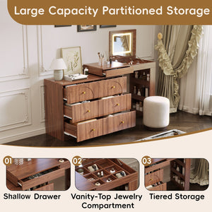 English Elm Vanity LED Mirror Desk with Flip-Top Dual Function, 7 Drawers & Multiple Shelves for Organized Glam Walnut 47.24 L x 19.69 W x 6.5 H N733S363650H