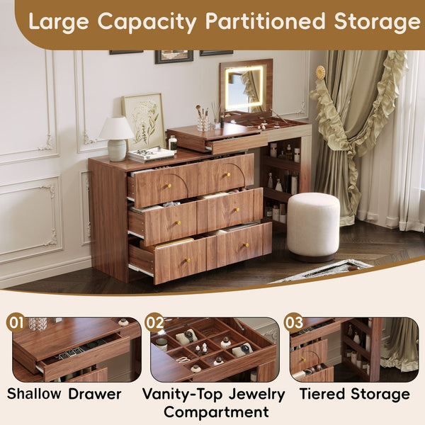 English Elm Vanity LED Mirror Desk with Flip-Top Dual Function, 7 Drawers & Multiple Shelves for Organized Glam Walnut 47.24 L x 19.69 W x 6.5 H N733S363650H