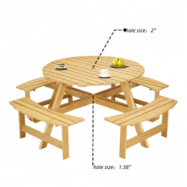 English Elm Outdoor 8 Person Round Picnic Table With 4 Benches, Umbrella Hole, Waterproof, Low Maintenance Set W2275P149764-GIGA