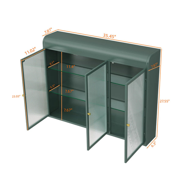 English Elm 3 Door Arched Wall Mounted Glass Cabinet with Wide Top Narrow Bottom Design for Stylish Storage and Display Dark Green W757P221504