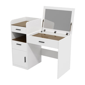 English Elm 3-in-1 Vanity Desk Flip Mirror Glass Top Hidden Storage Compact White Bedroom N704P391337K