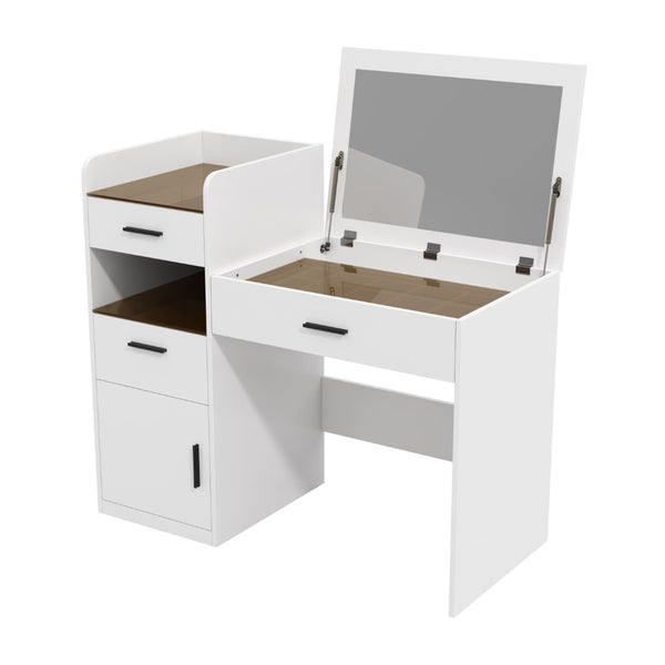 English Elm 3-in-1 Vanity Desk Flip Mirror Glass Top Hidden Storage Compact White Bedroom N704P391337K