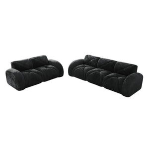 English Elm Three Seater Chenille Sofa with Ottoman Solid Wood Base Tufted Arms Living Room Black W714S01647