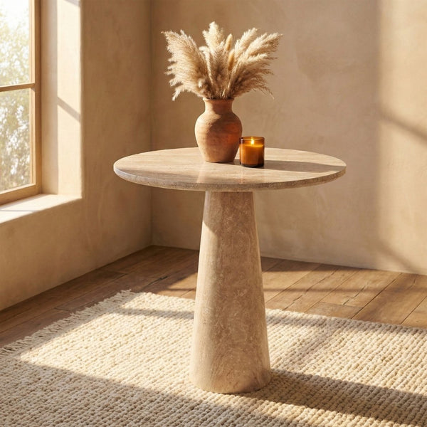 Meridian Furniture Fontelina Stone Top Pedestal Bistro Table with Sculptural Base for Intimate Dining Spaces Travertine Travertine 920Travertine-DT30