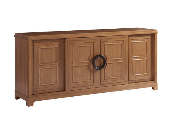 Lexington Barclay Butera Leeward Media Console: Coastal-inspired Design With 4 Sliding Doors & 6 Adjustable Shelves For Elegance Sandstone  920-908