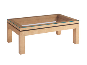 Lexington Barclay Butera Harbor Raffia Cocktail Table - Elegant Coastal Design With Floating Glass Top And Decorative Metal Band Sandstone  920-947