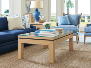 Lexington Barclay Butera Harbor Raffia Cocktail Table - Elegant Coastal Design With Floating Glass Top And Decorative Metal Band Sandstone  920-947