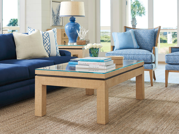 Lexington Barclay Butera Harbor Raffia Cocktail Table - Elegant Coastal Design With Floating Glass Top And Decorative Metal Band Sandstone  920-947