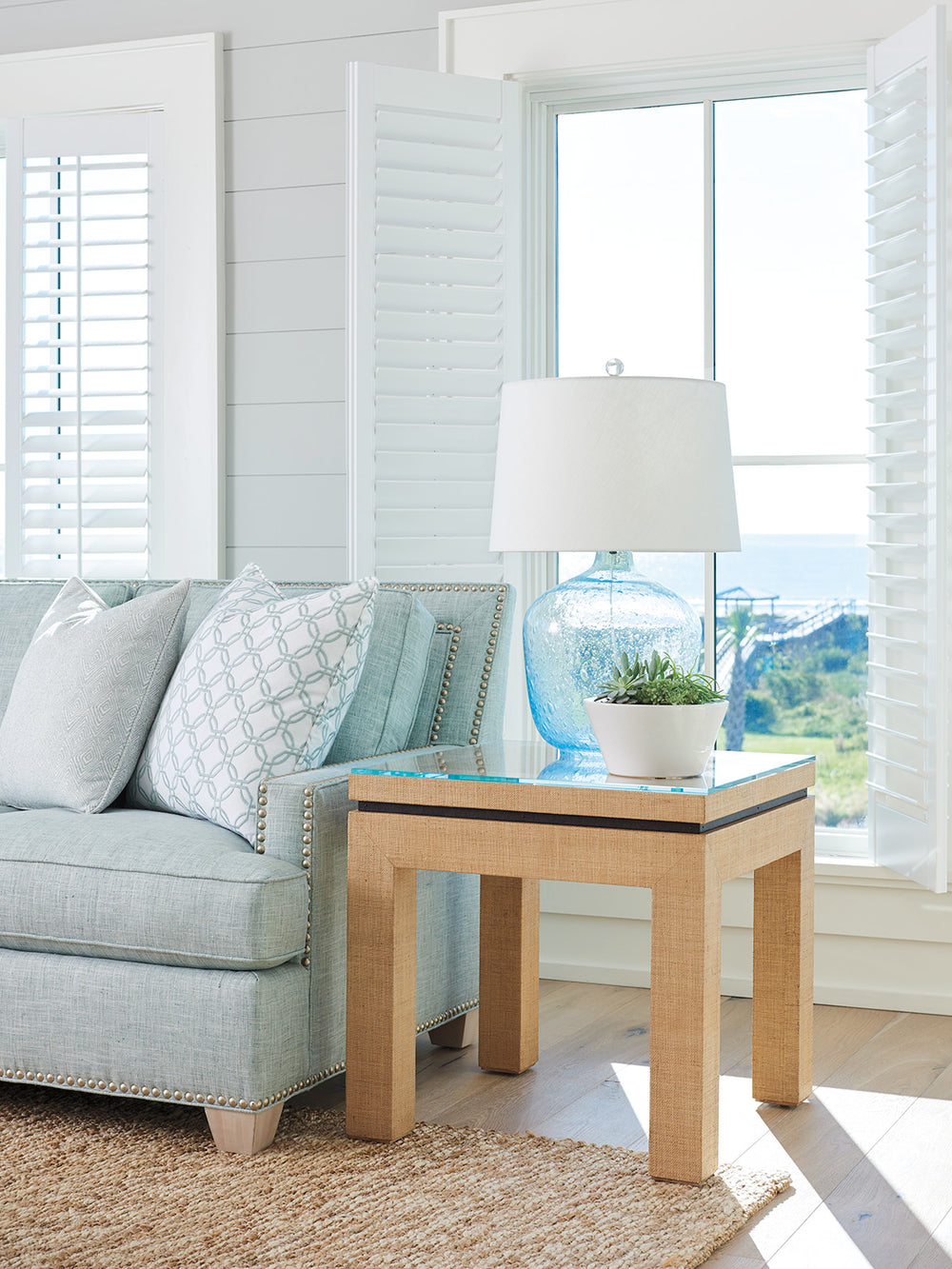 Lexington Barclay Butera Harbor Raffia Lamp Table - Elegant Coastal Design With Floating Glass Top And Mitered Corners Sandstone  920-957