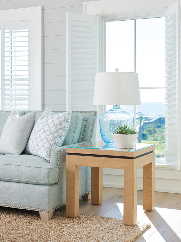 Lexington Barclay Butera Harbor Raffia Lamp Table - Elegant Coastal Design With Floating Glass Top And Mitered Corners Sandstone  920-957