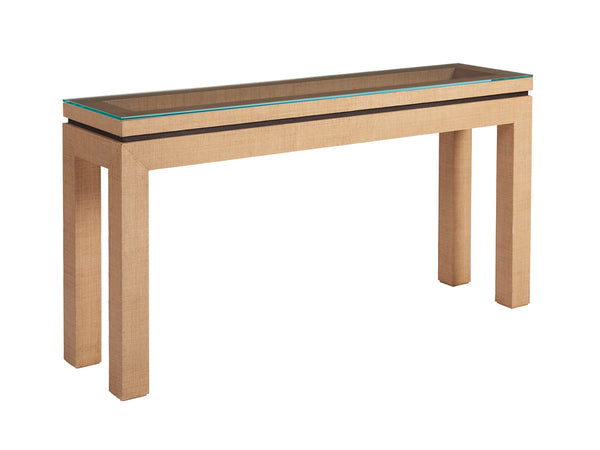 Lexington Barclay Butera Harbor Raffia Console Table: Elegant Coastal Design With Floating Glass Top And Mitered Corners Sandstone  920-967