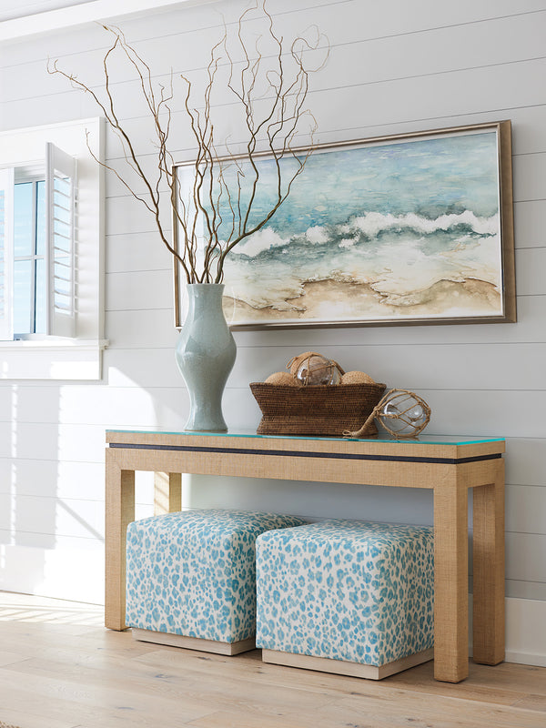Lexington Barclay Butera Harbor Raffia Console Table: Elegant Coastal Design With Floating Glass Top And Mitered Corners Sandstone  920-967