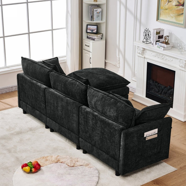 English Elm 101.9-inch Chenille Modular Sofa with Movable Footstool for Living Room Comfort Black W288S00032