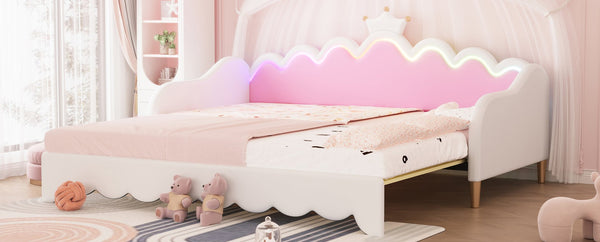 English Elm Twin Extending Daybed with LED Crown Headboard, Upholstered Princess Design for Cozy Kids Room White 76.5 L x 17.4 W x 4.3 H HL000104AAK