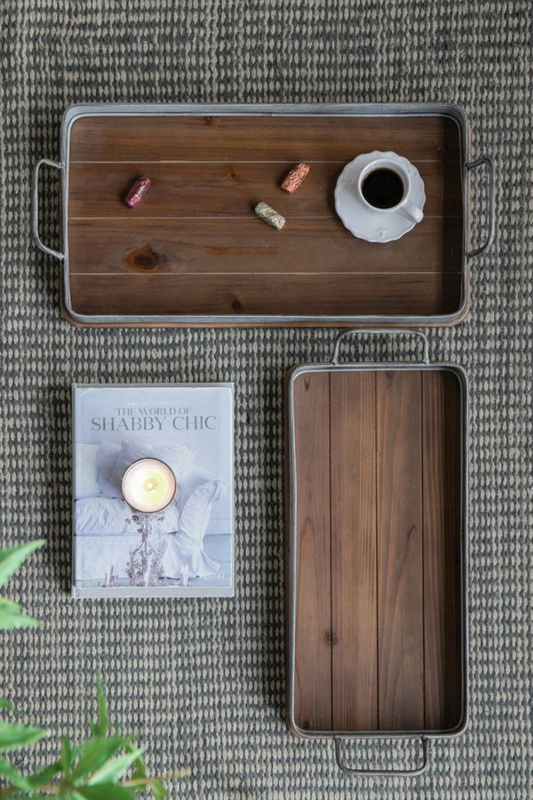 English Elm S/2 Rustic Fir Wood Serving Trays with Iron Accents for Farmhouse Tablescapes W2078P495641