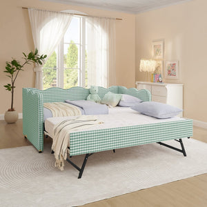 English Elm Cozy Gingham Linen Daybed with Pull Out Trundle Usb Port Wave Back Twin Sofa Cyan W1413S00120