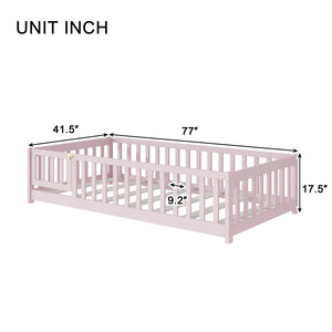 English Elm Twin Solid Rubberwood Floor Bed with Full Perimeter Safety Rails for Toddler Rooms Pink W504P296782