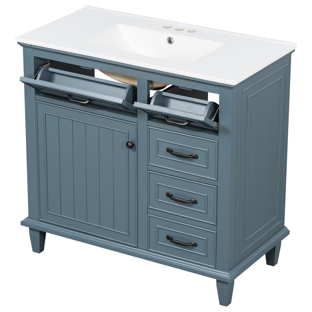 English Elm 36 Inch Bathroom Vanity With Ceramic Sink, Adjustable Shelf, Stylish Storage, Modern Blue Finish N725P336554C