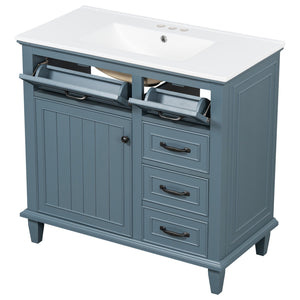English Elm 36 Inch Bathroom Vanity With Ceramic Sink, Adjustable Shelf, Stylish Storage, Modern Blue Finish N725P336554C