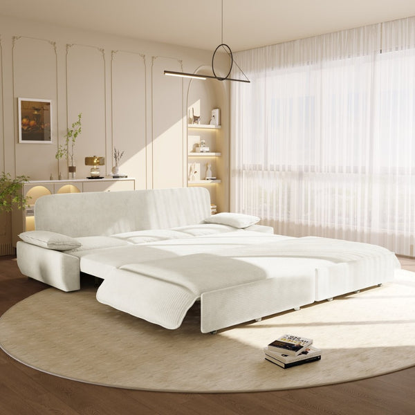 English Elm 94.5" King Convertible Sleeper Sofa Corduroy Upholstered Chaise Lounge Guest Room Bed White W1885S00403