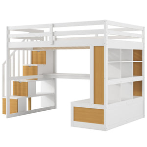 English Elm Full Full Size Loft Bed with Desk, Shelves, Two Drawers and Storage Staircase in Warm Wood Finish Natural+White GX000397AAD
