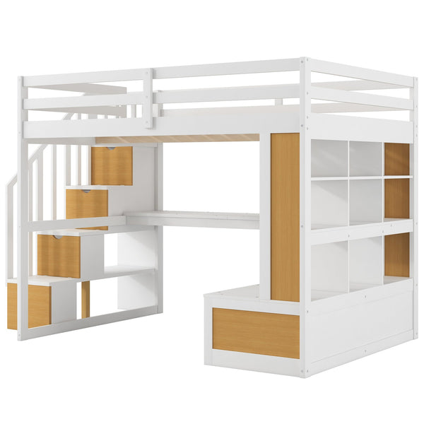 English Elm Full Full Size Loft Bed with Desk, Shelves, Two Drawers and Storage Staircase in Warm Wood Finish Natural+White GX000397AAD