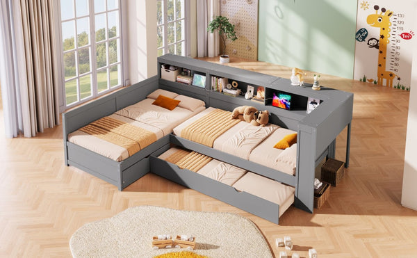 English Elm Wood Twin L-shaped Platform Bed Trundle Shelves Charging Station Kids Room Grey N7090001045E-1