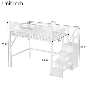 English Elm Full Size Steel Loft Bed with Staircase Storage Wardrobe Desk and Led Lighting White W2593S00056