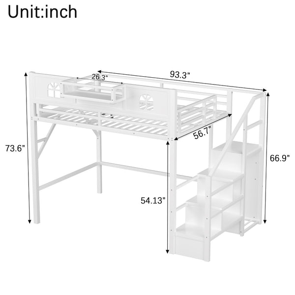 English Elm Full Size Steel Loft Bed with Staircase Storage Wardrobe Desk and Led Lighting White W2593S00056