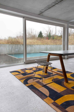 Louis de Pootere Nuance Module 100% PET Poly Mechanically Woven Jacquard Flatweave Geometric Rug Yellow Meyer 4'7"