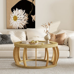 English Elm 35.43"vintage Woven Rattan Round Coffee Table Curved Wood Legs Boho Living Room W757P383547