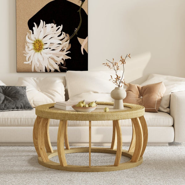 English Elm 35.43"vintage Woven Rattan Round Coffee Table Curved Wood Legs Boho Living Room W757P383547