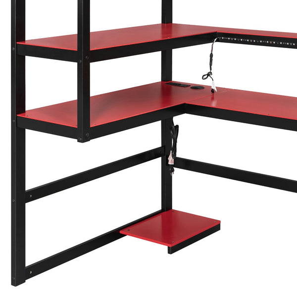 English Elm Twin Loft Bed with Rgb Lighting Usb Ports Wraparound Shelves and Gaming Desk Red LT000298AAJ