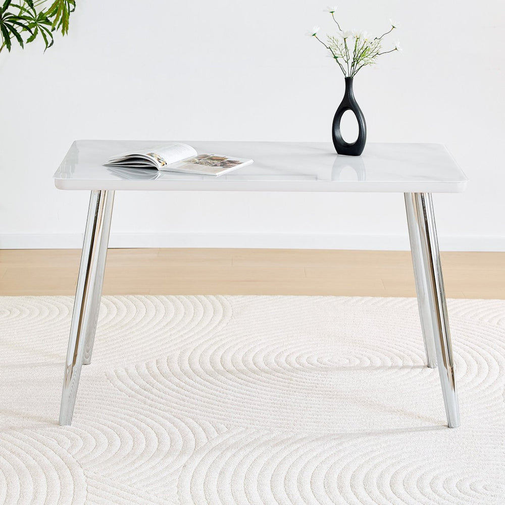 English Elm Modern Marble Look Glass Top Rectangular Dining Table Seats Six Silver Tapered Legs W1151S04623