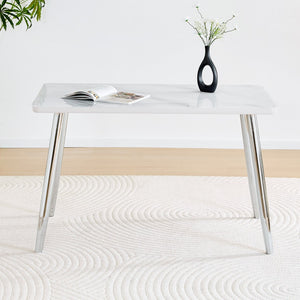 English Elm Modern Marble Look Glass Top Rectangular Dining Table Seats Six Silver Tapered Legs W1151S04623