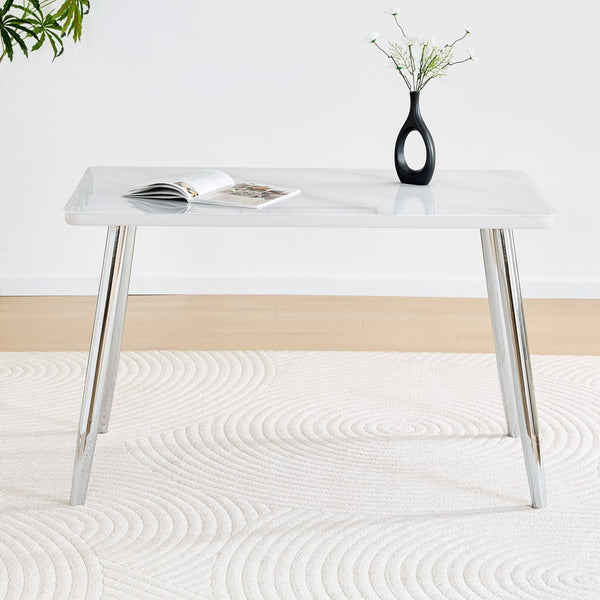 English Elm Modern Marble Look Glass Top Rectangular Dining Table Seats Six Silver Tapered Legs W1151S04623