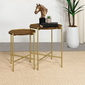 English Elm Genevieve Mango Wood Round Nesting Tables with Gold Iron Base for Living Room B062P447808