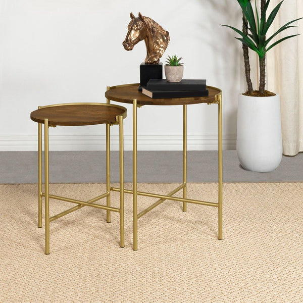 English Elm Genevieve Mango Wood Round Nesting Tables with Gold Iron Base for Living Room B062P447808