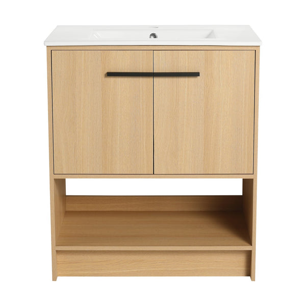 English Elm 30" Bathroom Vanity With Integrated Ceramic Sink, Soft-Close Doors & Open Shelf For Easy Storage W1972S00017