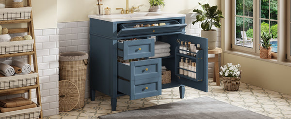 English Elm 36'' Bathroom Vanity With Sink, Modern Indigo Blue Storage Cabinet Featuring 3 Drawers & Adjustable Shelf N710P230246M